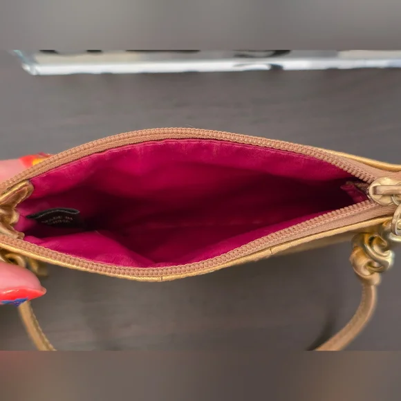 Coach Metallic Leather Gold Wristlet Clutch With Hot Pink Interior - Picture 10 of 10